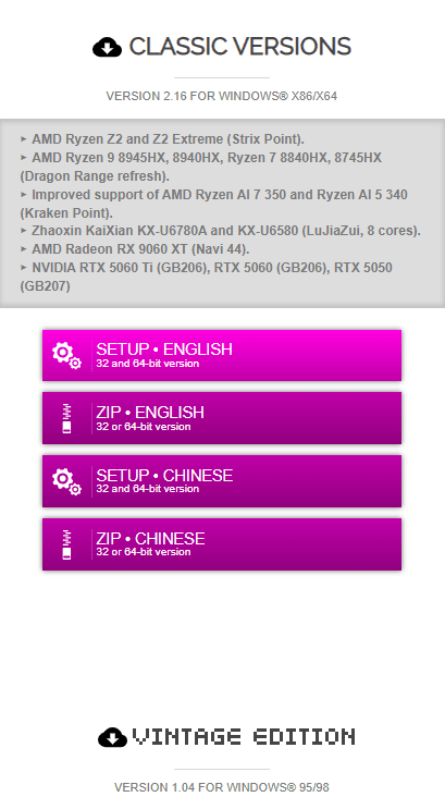Tải bản CLASSIC VERSIONS của CPUz