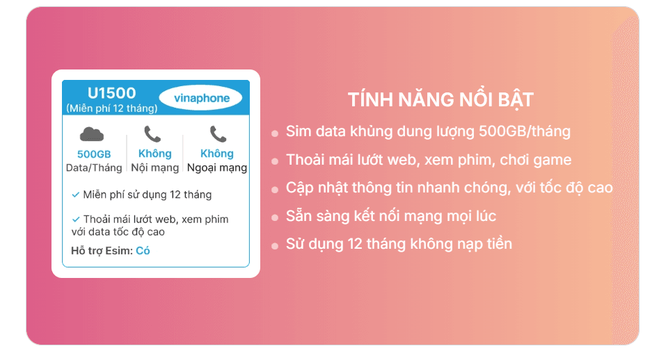 Sim 4G Vinaphone U1500 500GB/Tháng
