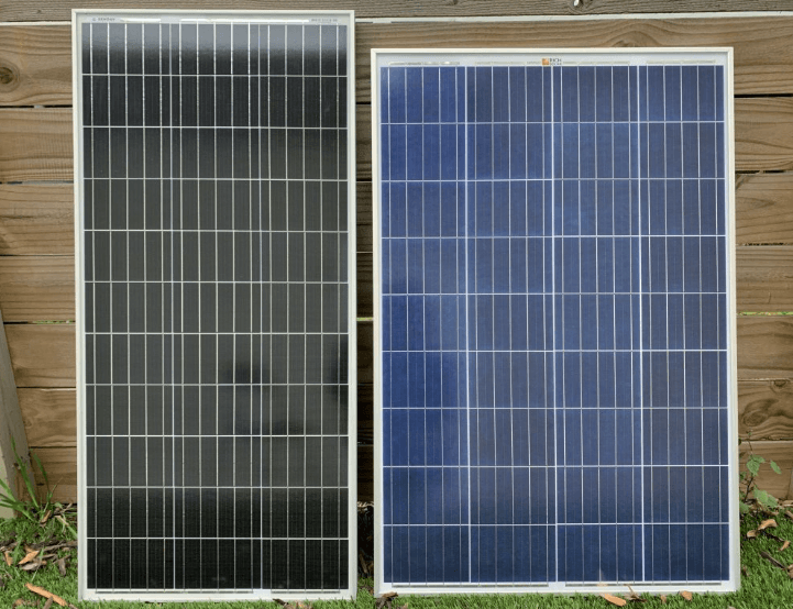 Nên dùng tấm pin Mono ( đơn tinh thể, màu đen, bên trái ) và tấm pin đa tinh thể ( màu xanh, bên phải ) chọn cái nào?