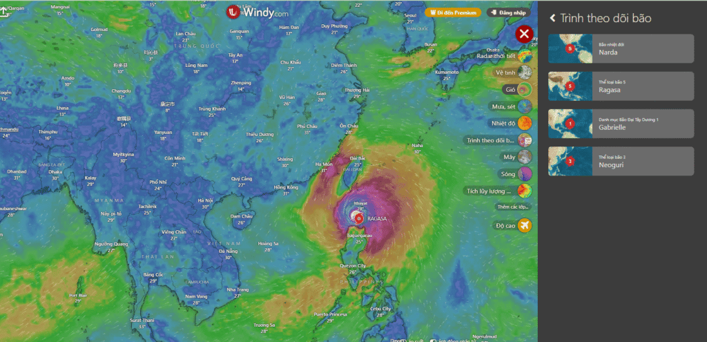Trình theo dõi bão Windy. Hiện có tới 4 cơn bão