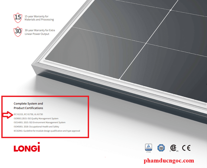 Tiêu chuẩn IEC 61215- Terrestrial photovoltaic (PV) modules – Design qualification and type approval trong datasheet của pin Longi