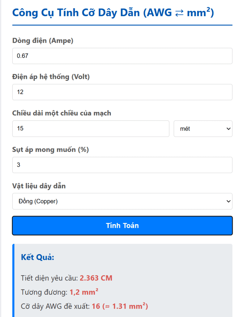 Công Cụ Tính Cỡ Dây Dẫn (AWG ⇄ mm²)