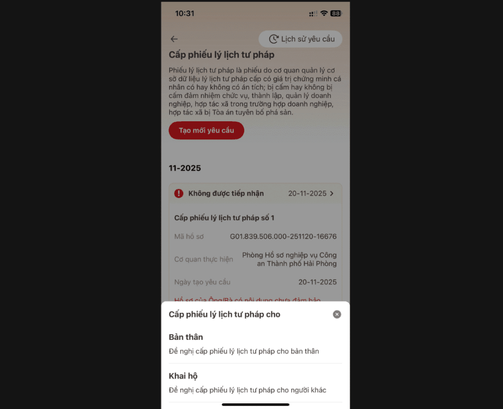 Chọn cấp phiếu lí lịch tư pháp cho bản thân