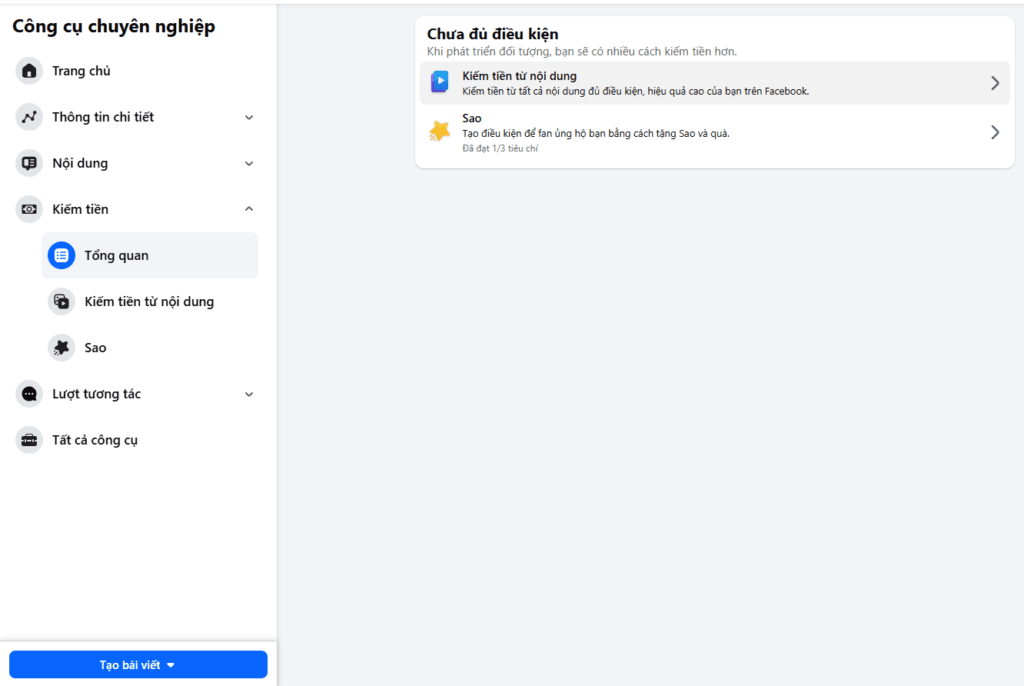 Chưa đủ điều kiện kiếm tiền trên Facebook cá nhân
