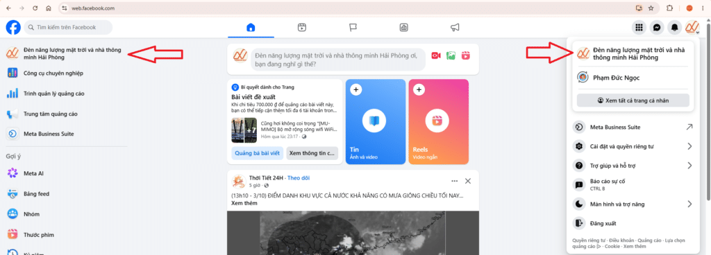 Đăng nhập vào Fanpage đúng Facebook muốn đổi tên