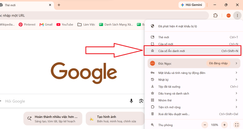 Mở cửa sổ ẩn danh trên Chrome
